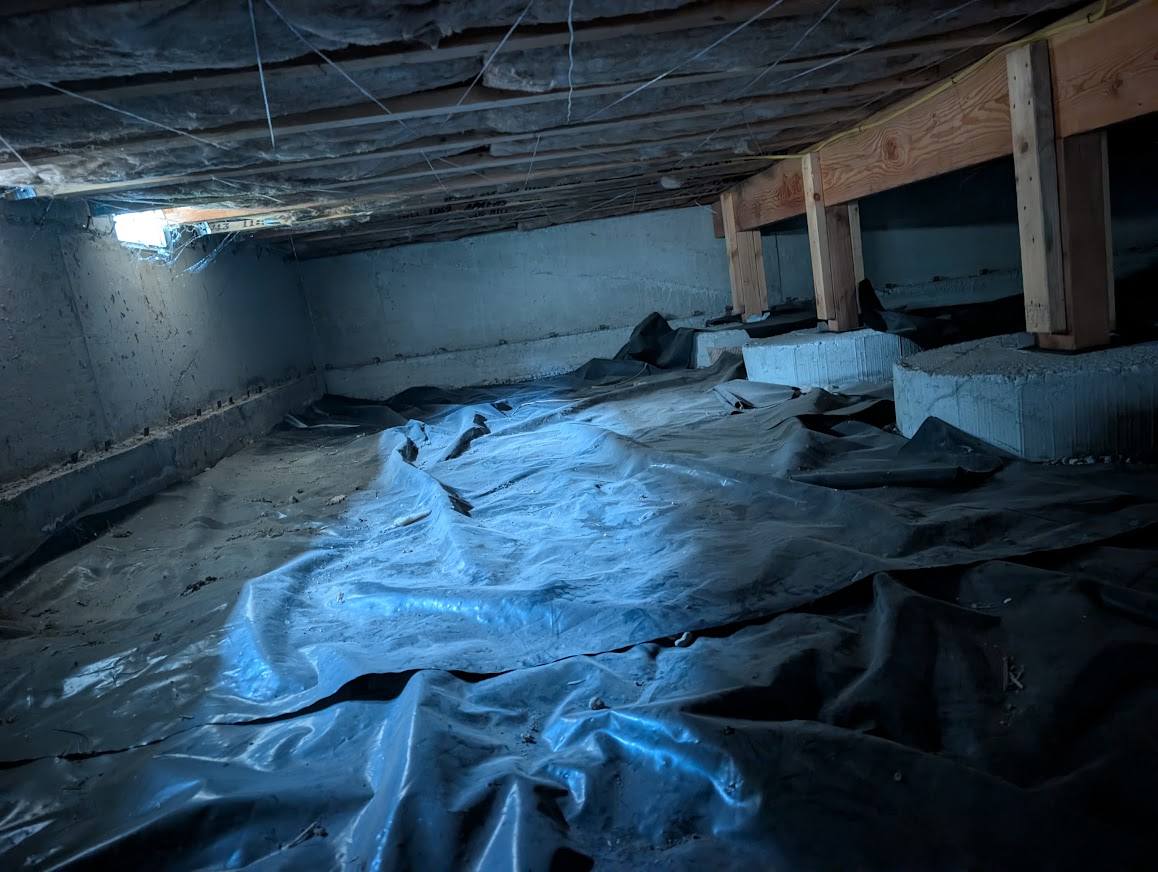 Crawlspace with vapor barrier and foundation vent during a rat inspection in Cordata, Bellingham
